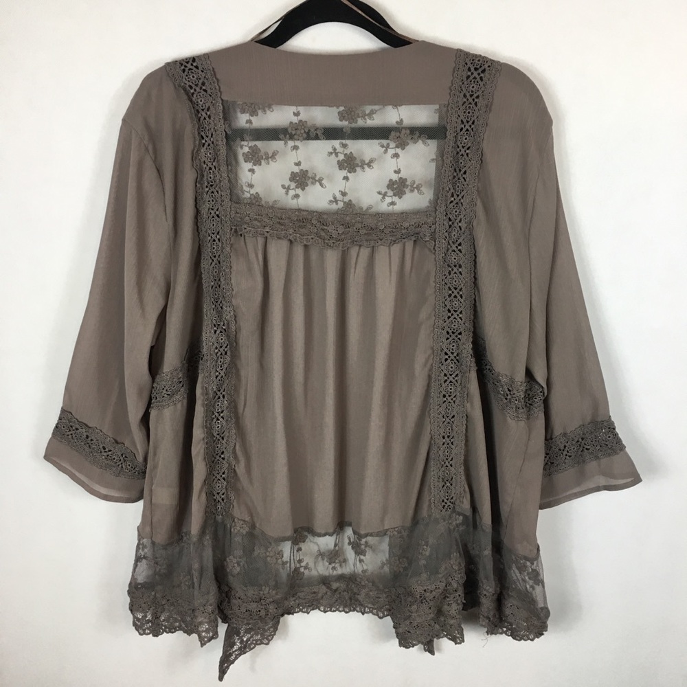 Lace Cardigan Kimono Gray Taupe Open Flowing Mesh
